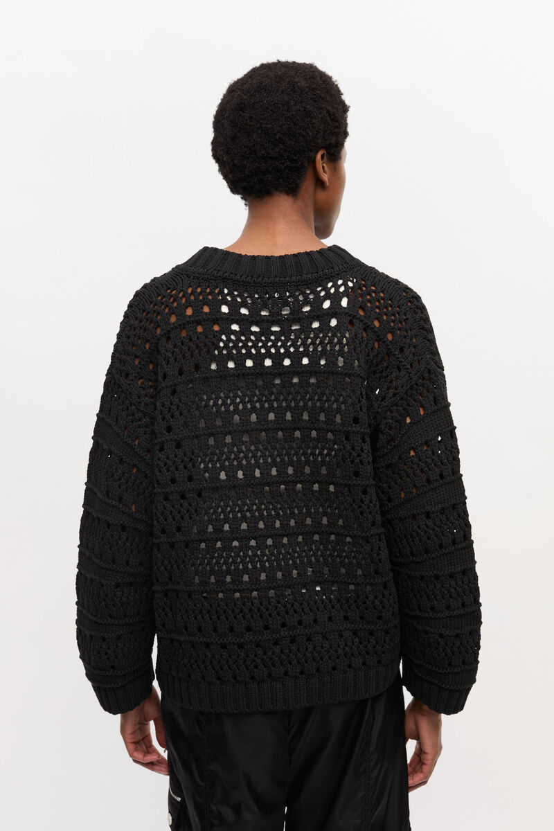 Black Crochet V-neck Jumper, Recycled Cotton, in colour Black - 3 - GANNI