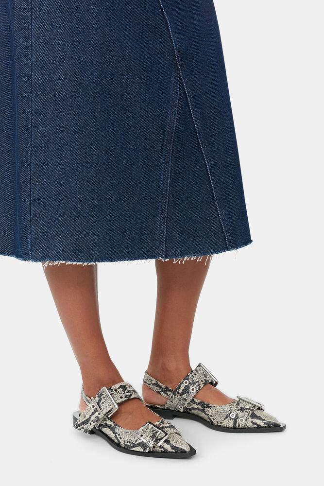Snake Printed Chunky Buckle Ballerinas, Sand