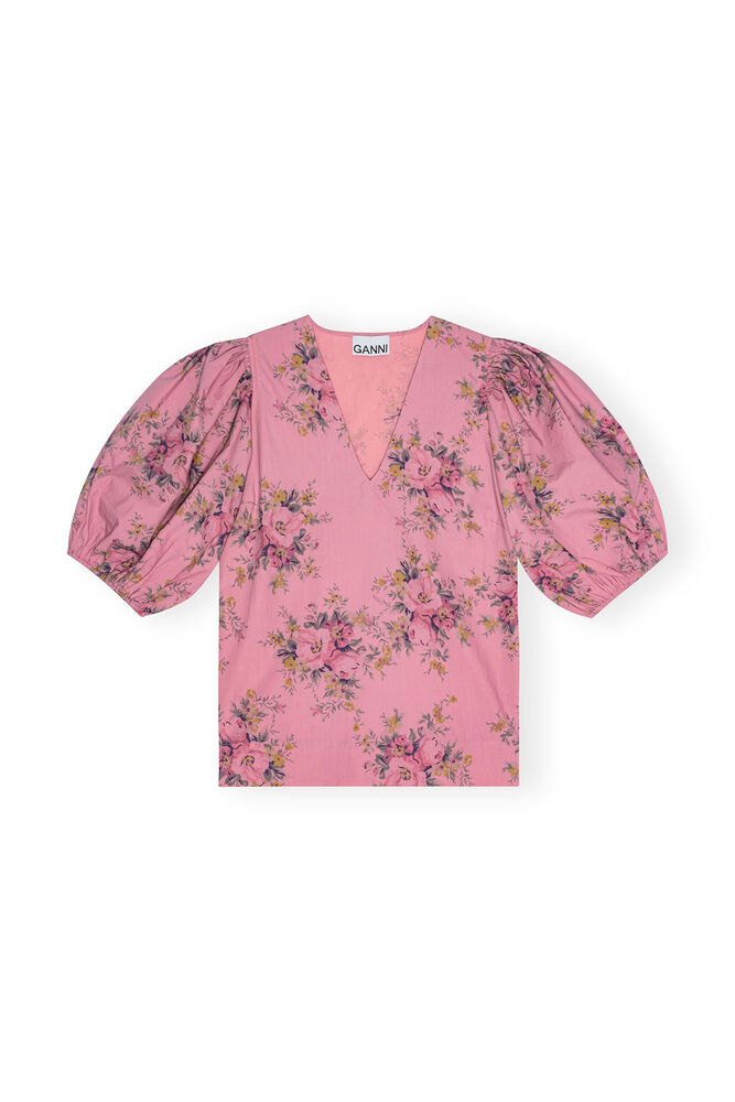 Printed Cotton V-neck Bluse, Orchid Smoke
