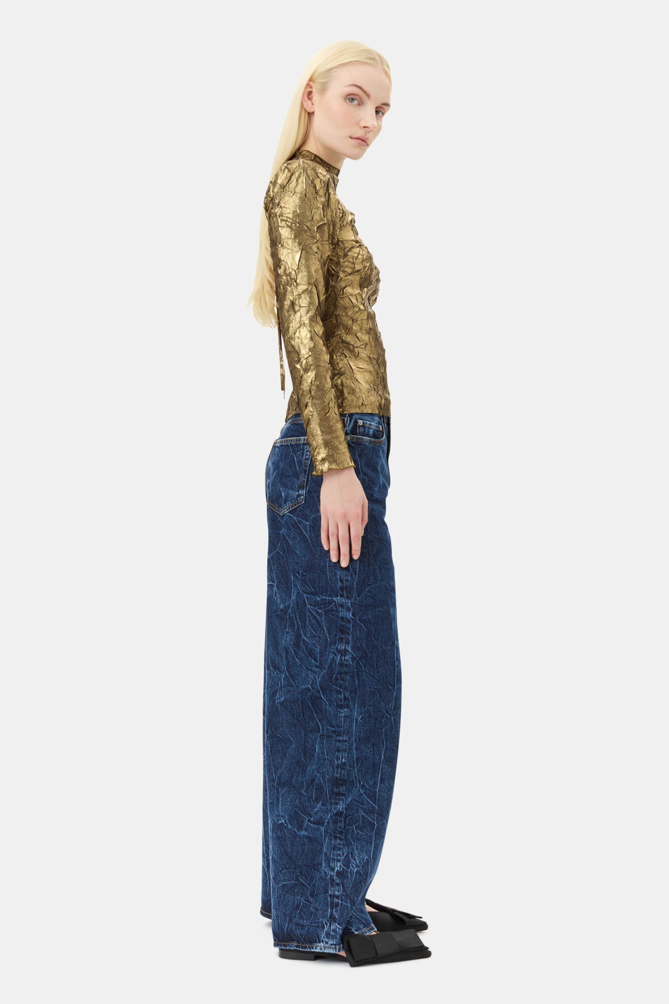 Gold Long-sleeve Blouse, Recycled Polyester, in colour Gold - 3 - GANNI