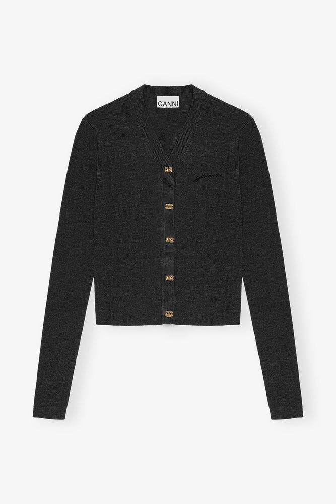 Black Mini Ribbed Merino Cardigan, Phantom