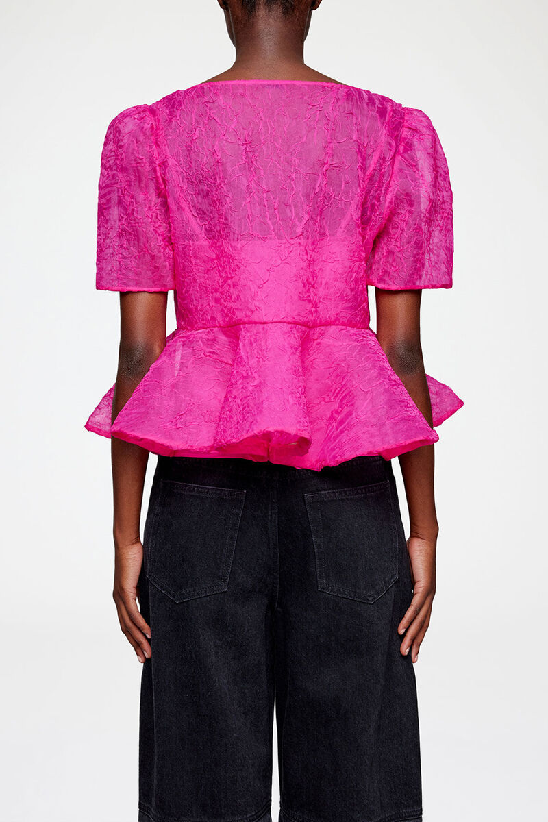 Peplum Blouse in Shibori Organza, Recycled Polyester, in colour Raspberry Rose - 3 - GANNI
