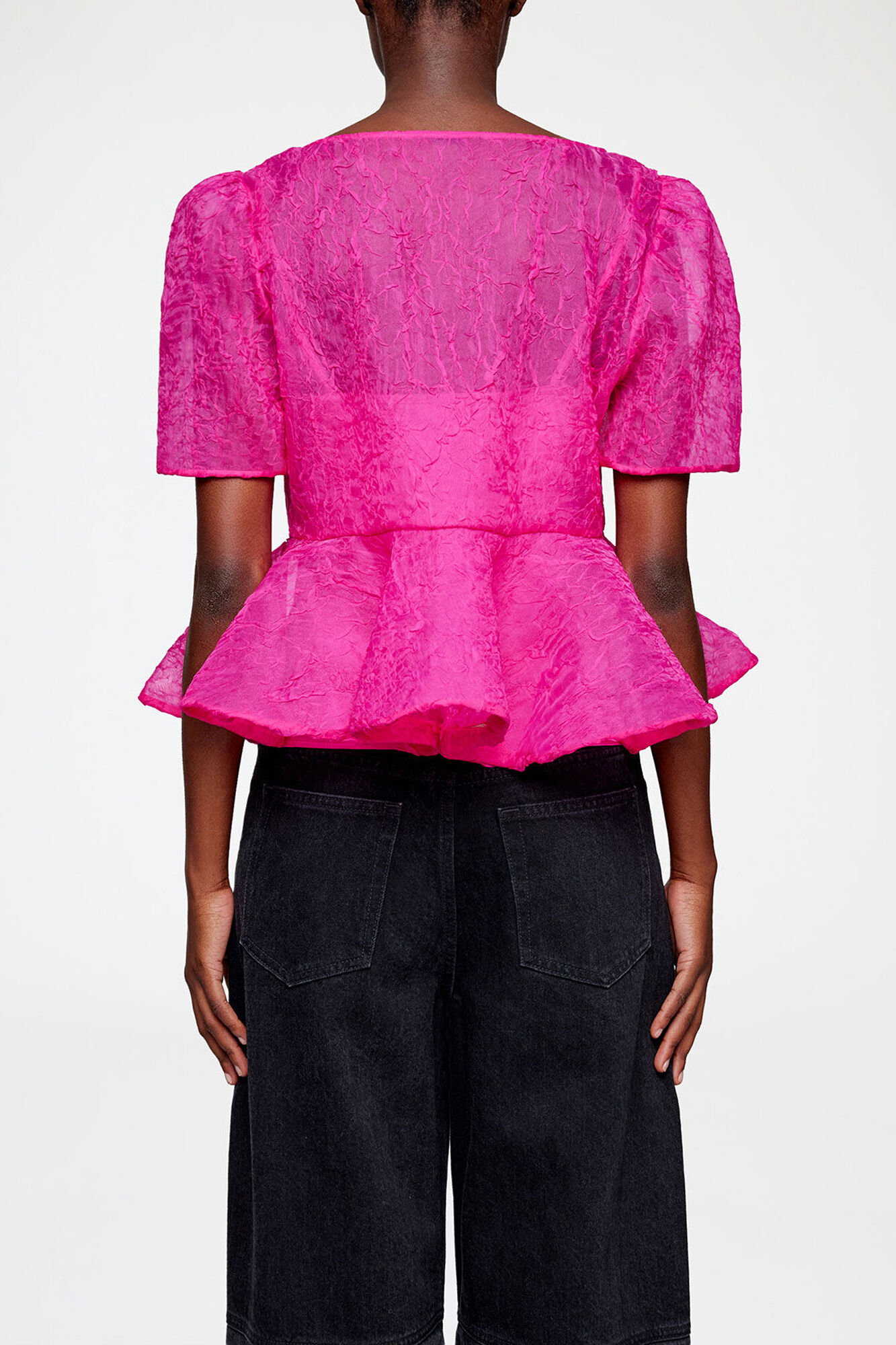 Peplum Blouse in Shibori Organza, Recycled Polyester, in colour Raspberry Rose - 3 - GANNI