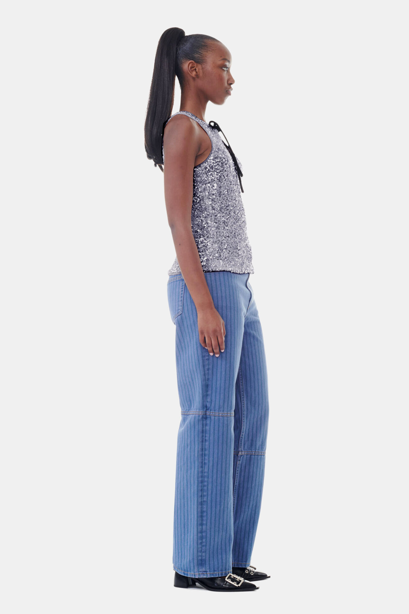 Silver 3D Sequins Top, Elastane, in colour Folkstone Gray - 3 - GANNI