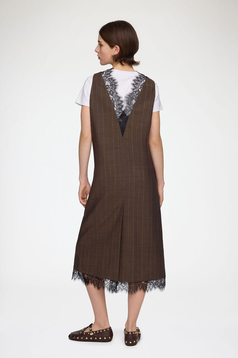 Dress in Brown Pinstripe Wool, Wool, in colour Rain Drum - 2 - GANNI