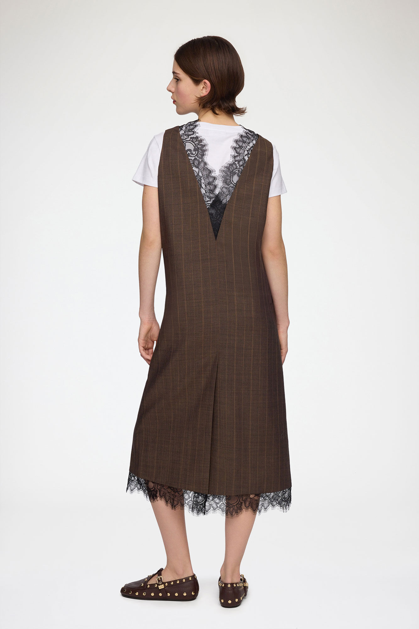 Dress in Brown Pinstripe Wool, Wool, in colour Rain Drum - 2 - GANNI