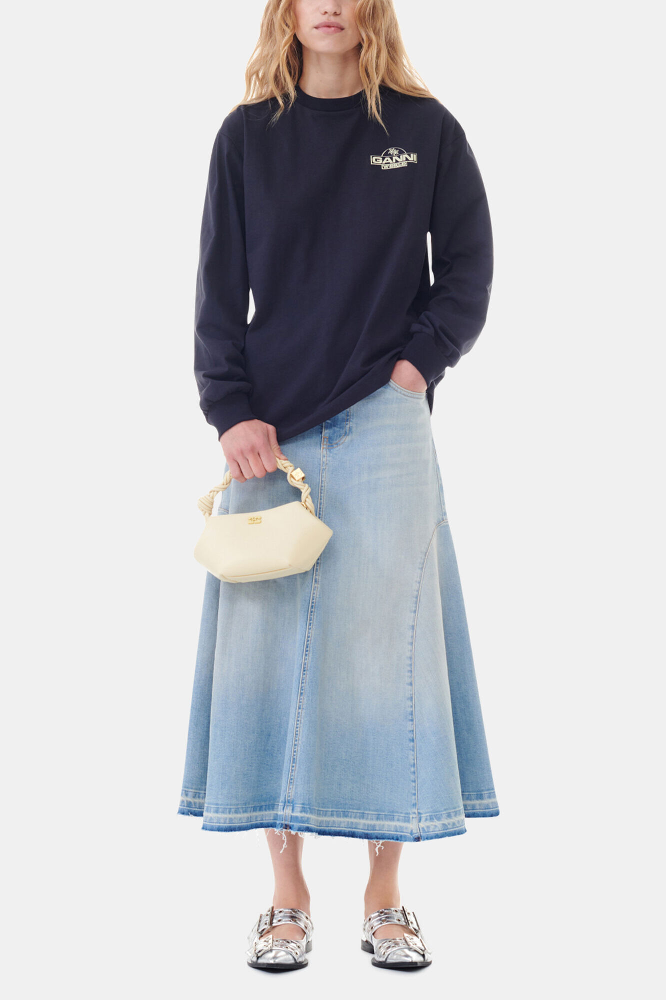 Feminine Buckle Ballerinas in Silver, Recycled Polyester, in colour Silver - 2 - GANNI