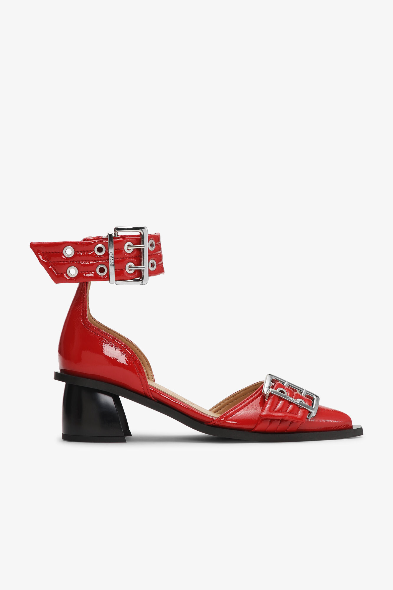Red Feminine Buckle Open Cut Pumps, Polyurethane, in colour Racing Red - 1 - GANNI