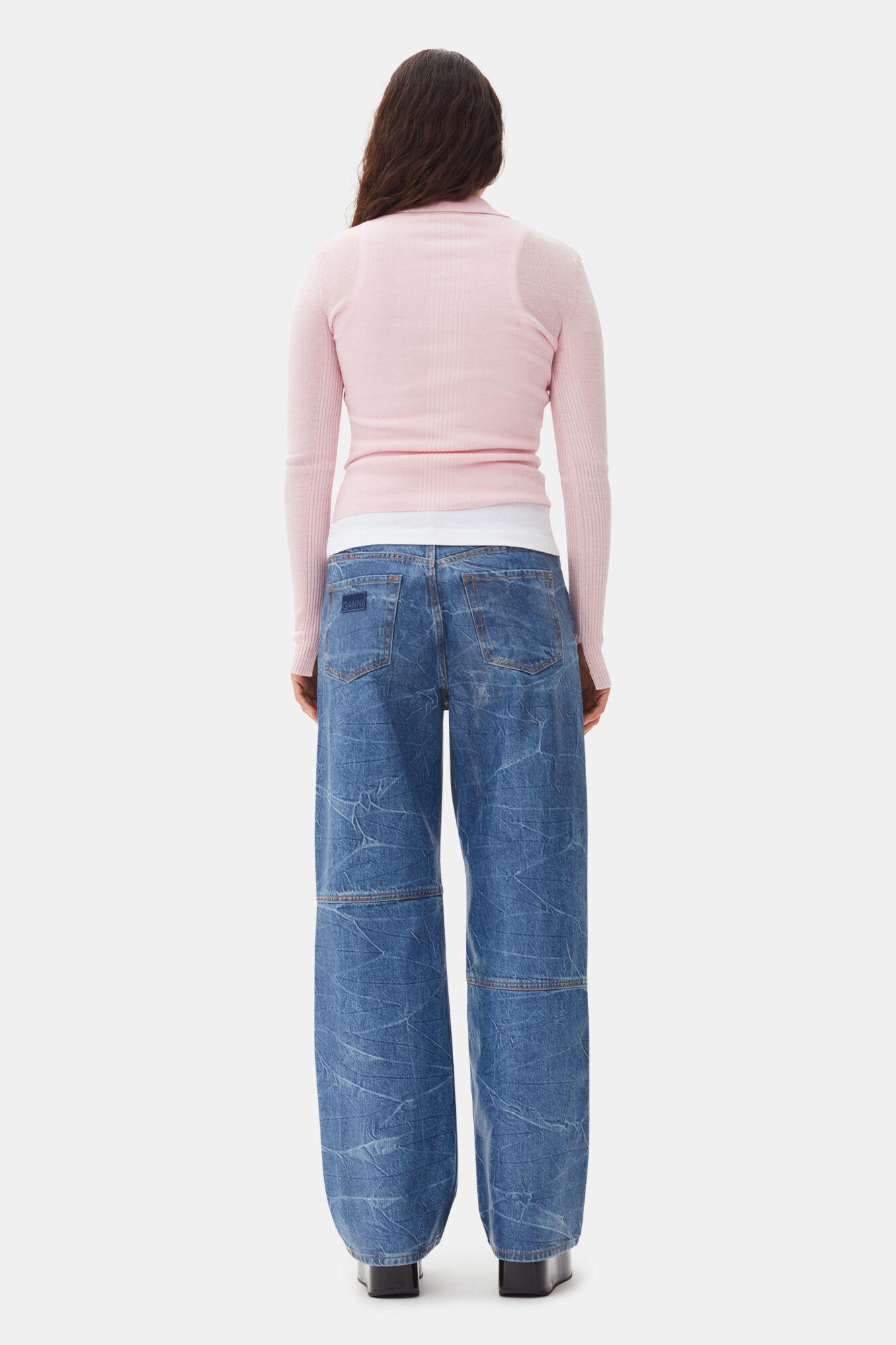 Pink Knitted Polo Shirt, Merino Wool, in colour Chalk Pink - 4 - GANNI