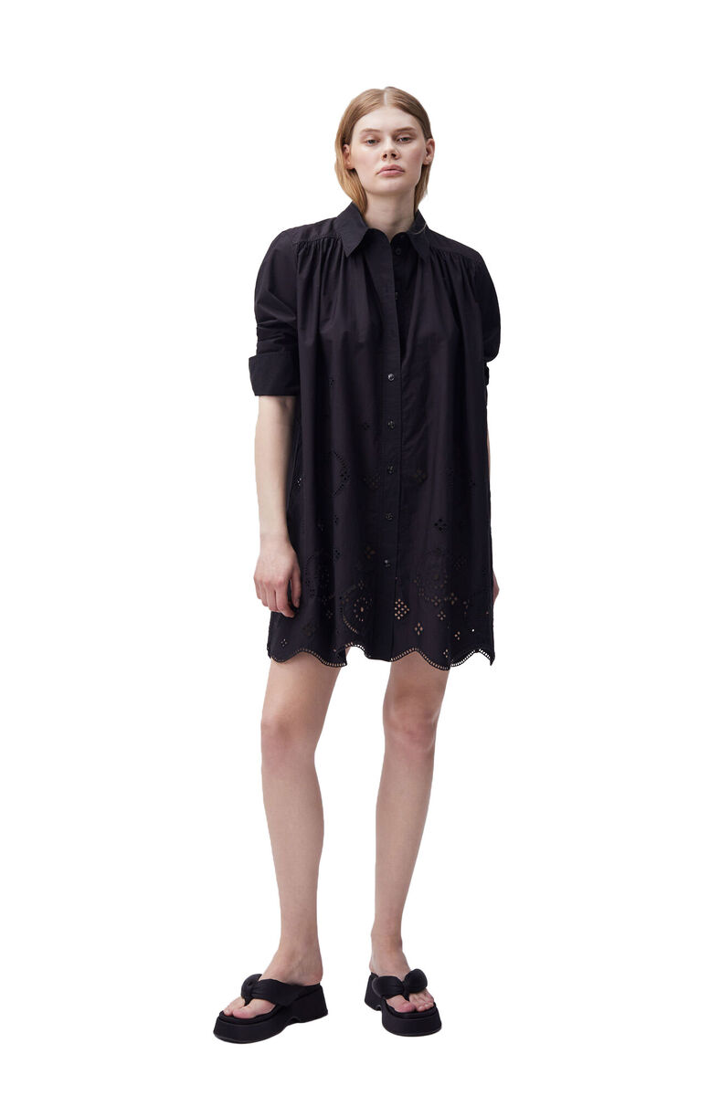 Broderie Anglaise Shirt Mini Dress, Cotton, in colour Black - 1 - GANNI