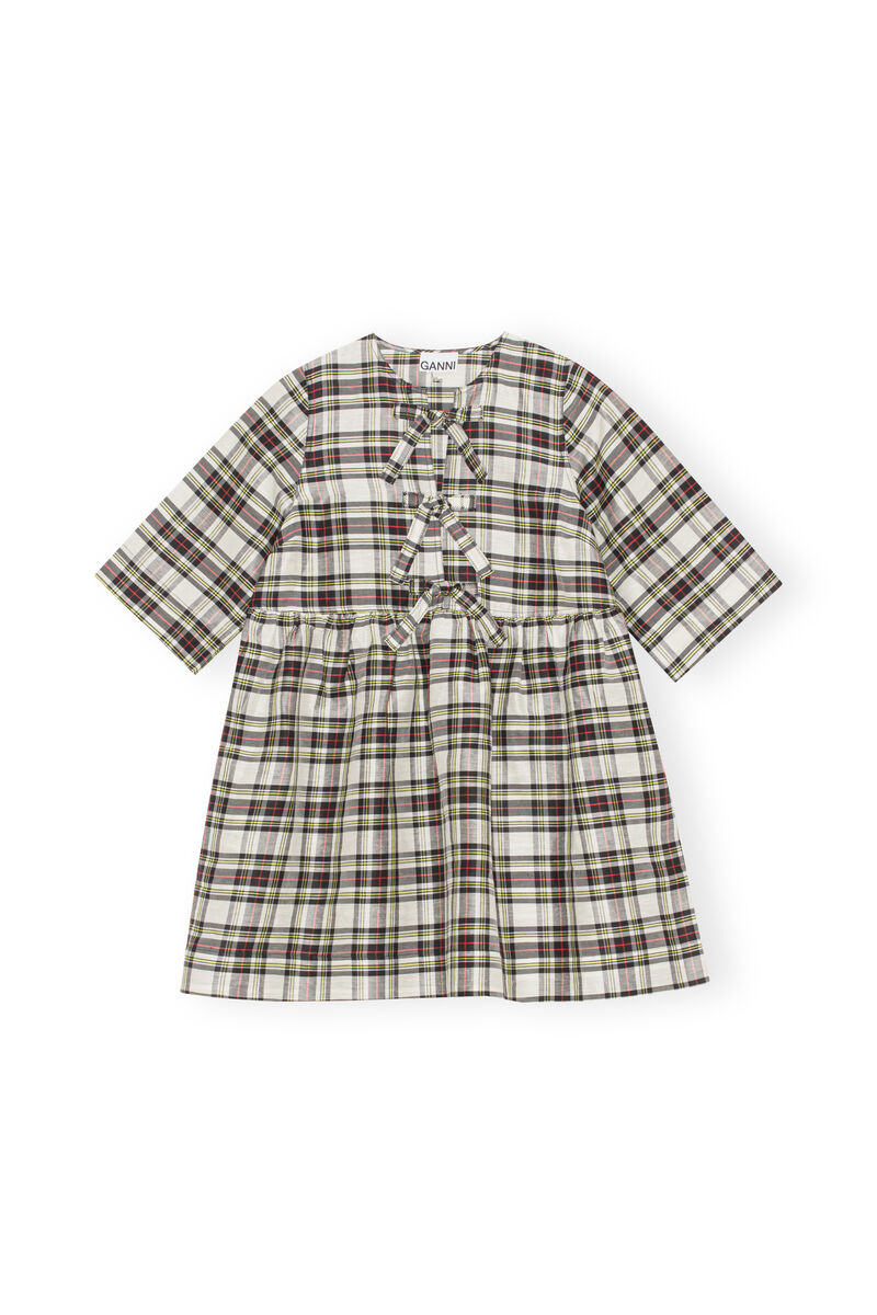 Checkered Ribbon Mini Dress, Linen, in colour Check Egret - 1 - GANNI