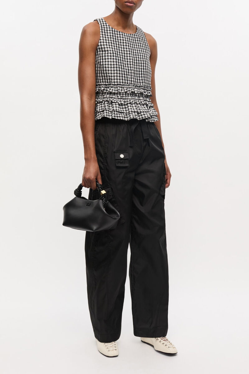 Crinkled Check Frill Top, Recycled Polyester, in colour Black - 2 - GANNI