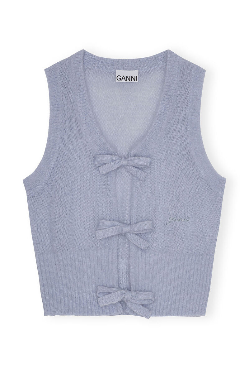 Gilet Blue Mohair Tie String, Merino Wool, in colour Heather - 1 - GANNI