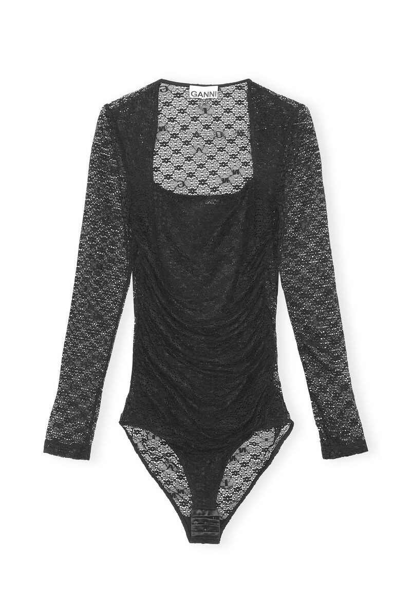 Bodysuit med blonder, Elastane, in colour Black - 1 - GANNI