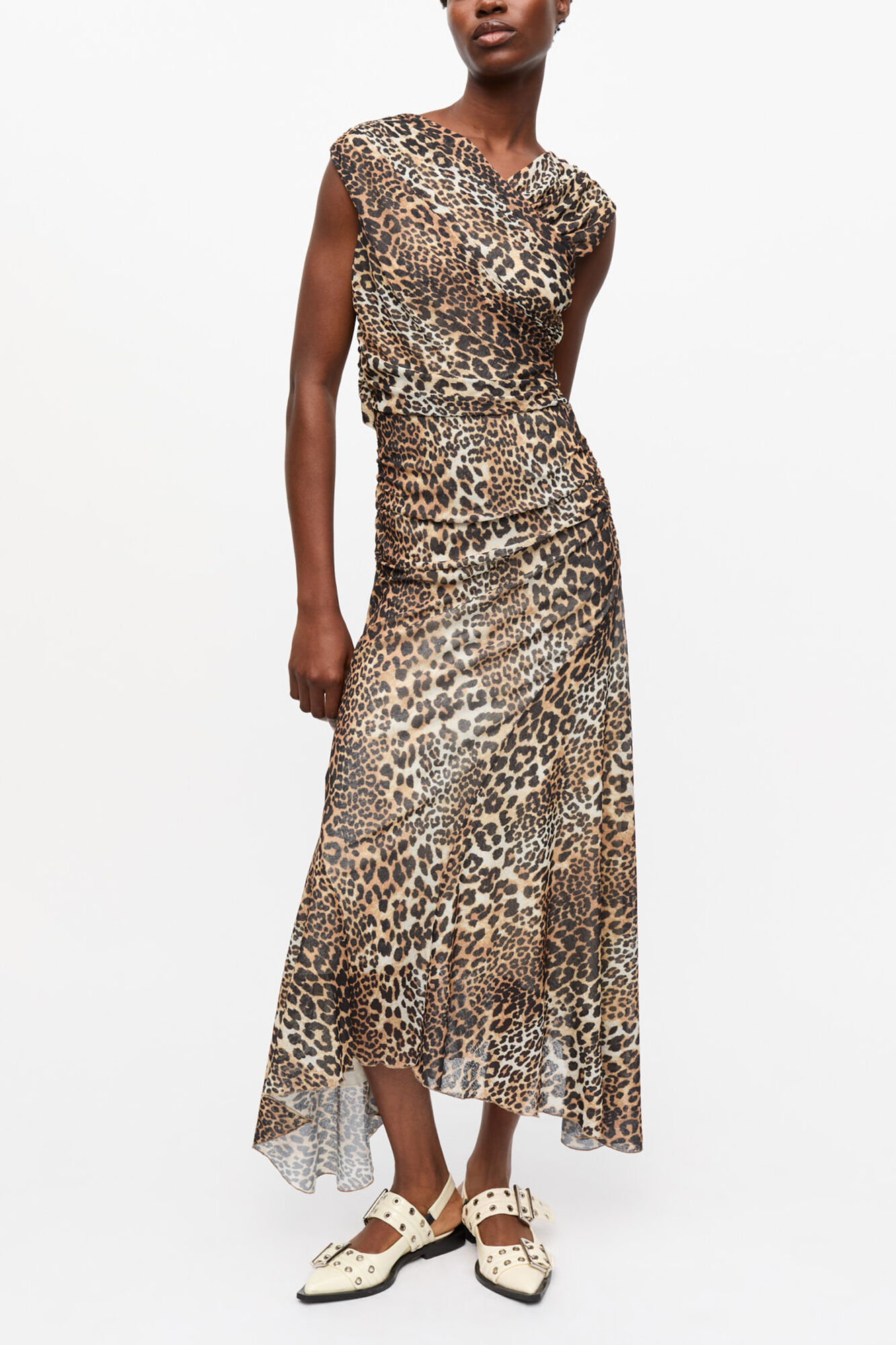 Leopard Marl Mesh Long Ruched Crossover Dress, Recycled Polyester, in colour Leopard - 1 - GANNI
