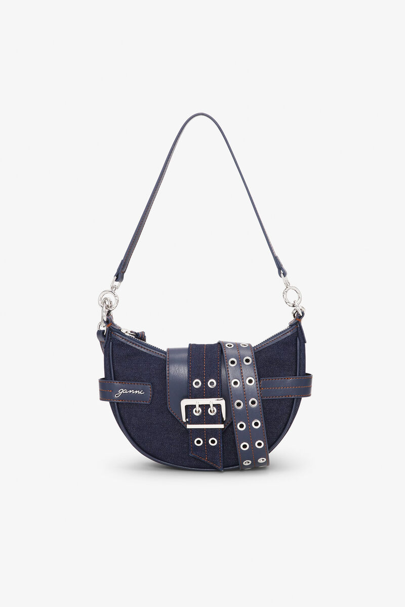 Dark Blue Denim Small Bucky Crossbody Bag, Recycled Cotton, in colour Dark Navy - 1 - GANNI