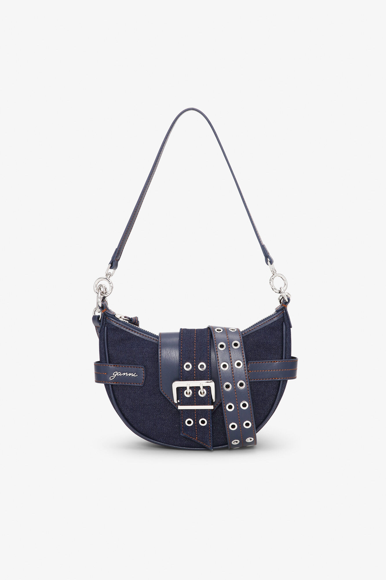 Dark Blue Denim Small Bucky Crossbody Bag, Recycled Cotton, in colour Dark Navy - 1 - GANNI