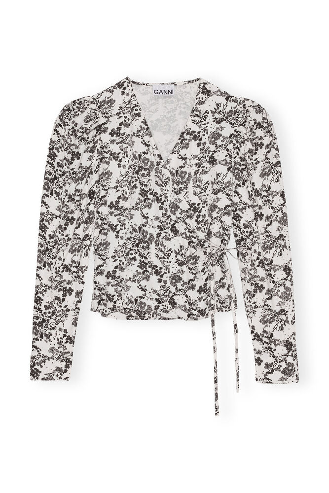 Floral Twill Wrap Blouse, Egret