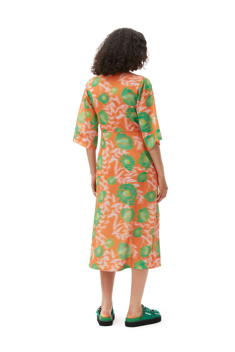 Printed Crepe V-neck Dress, Recycled Polyester, in colour Vibrant Orange - 6 - GANNI