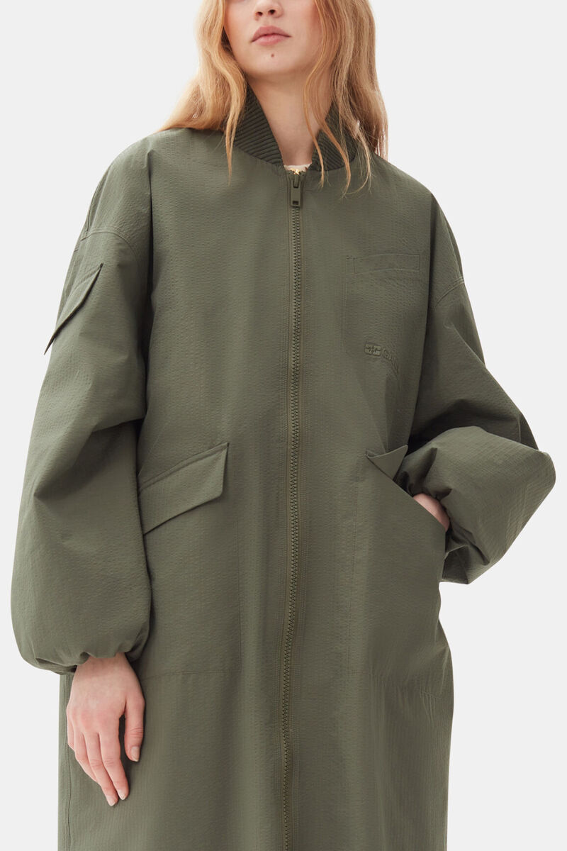 Green Tech Seersucker Oversized Shell Coat, Recycled Polyester, in colour Beetle - 2 - GANNI