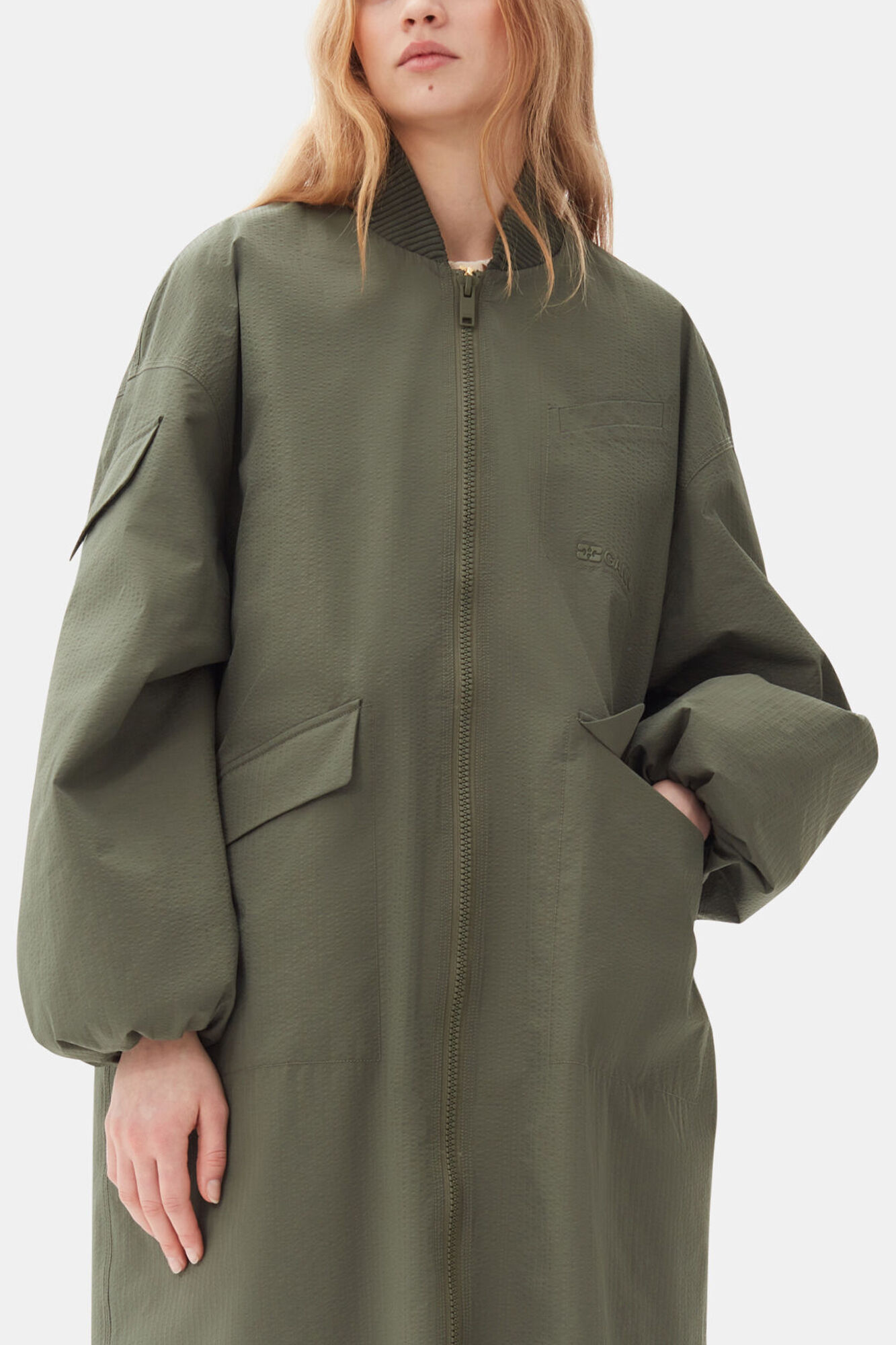 Green Tech Seersucker Oversized Shell Coat, Recycled Polyester, in colour Beetle - 2 - GANNI