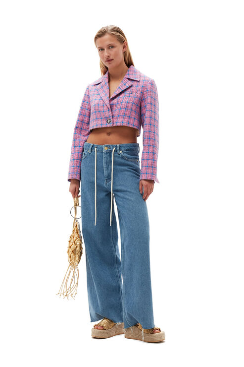 Ganni Long Sleeve Check Suiting Cropped Blazer In Wild Orchid