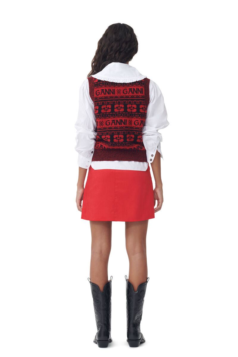 Red Shiny Corduroy Mini kjol, Organic Cotton, in colour High Risk Red - 3 - GANNI