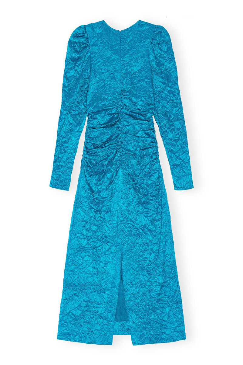 Blue Crinkled Satin O-Neck Midi Dress, Elastane, in colour Algiers Blue - 2 - GANNI