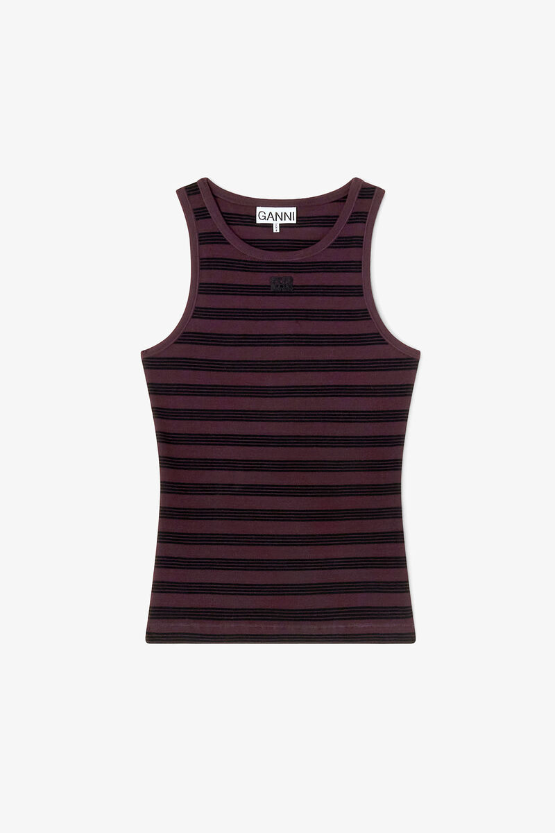 Randigt ribbat linne, in colour Chocolate Plum - 1 - GANNI