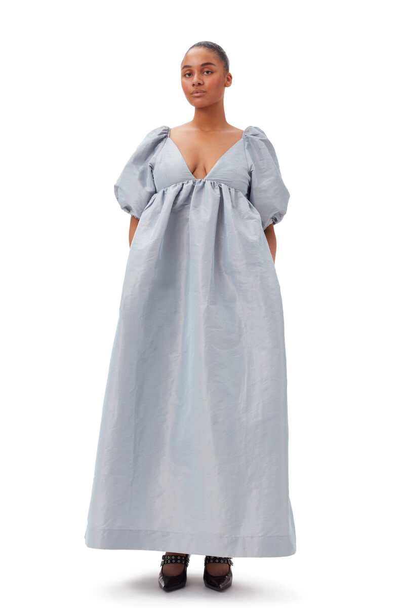 Light Blue Shiny Taffeta Long Dress, Polyester, in colour Powder Blue - 5 - GANNI
