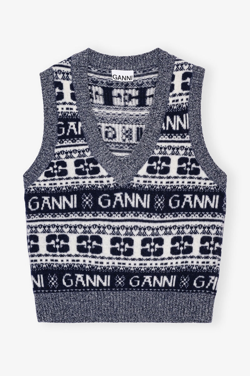 Blue Logo Wool Mix väst, Recycled Polyamide, in colour Sky Captain - 3 - GANNI