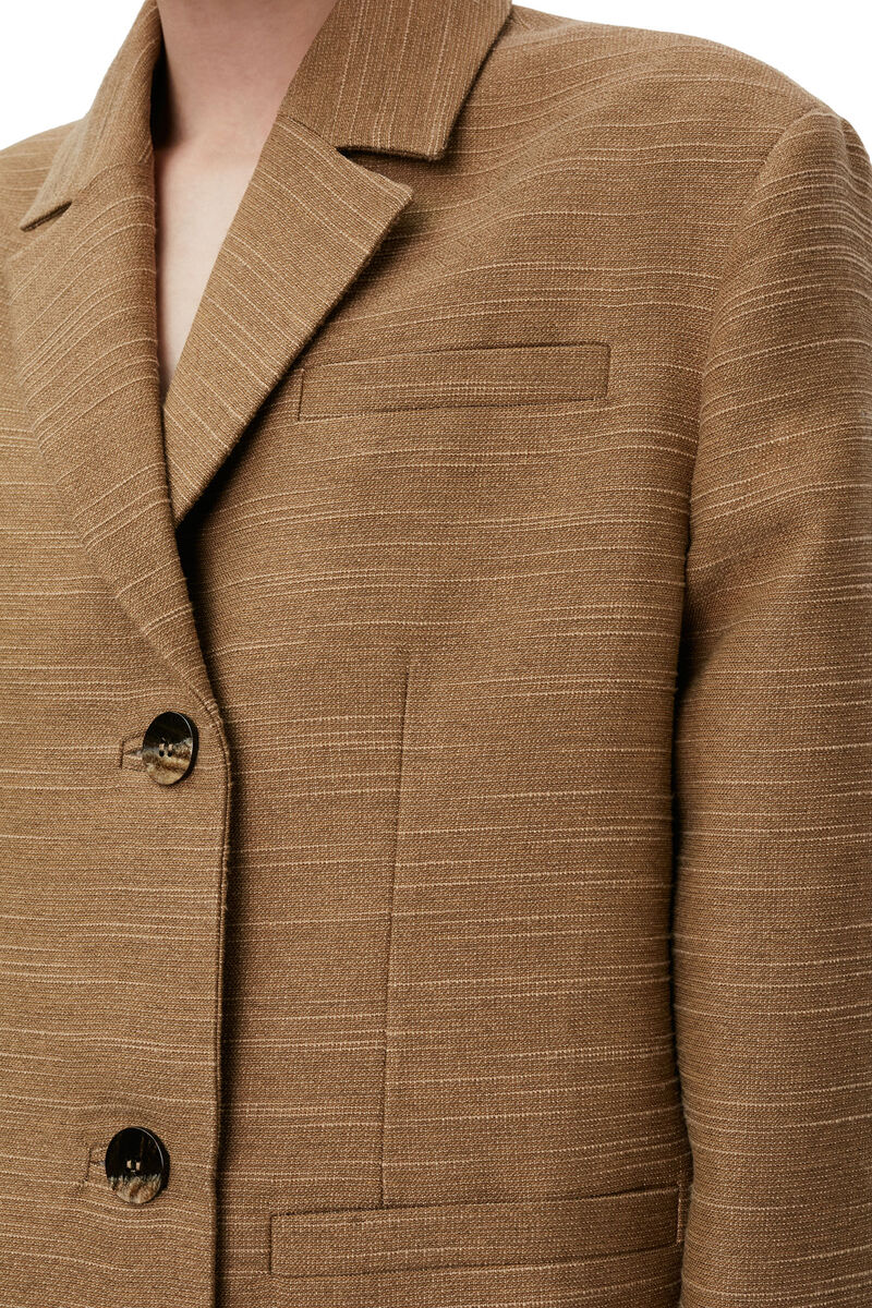Brown Slub Linen Oversized Blazer, Ecovero Viscose, in colour Petrified Oak - 8 - GANNI