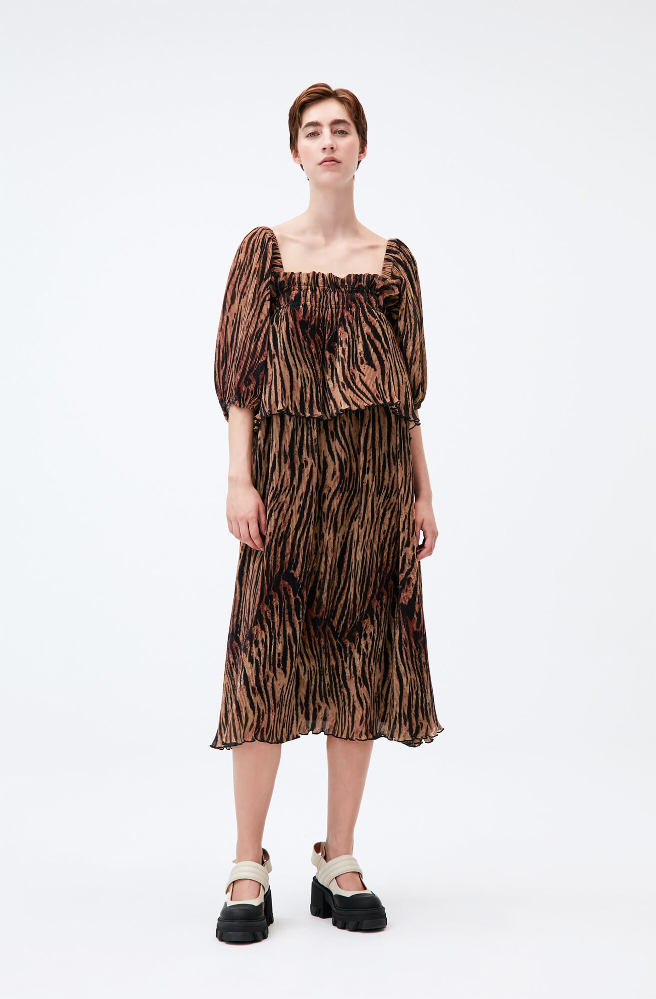 Pleated Georgette Midi Dress, Polyester, in colour Tiger's Eye - 1 - GANNI