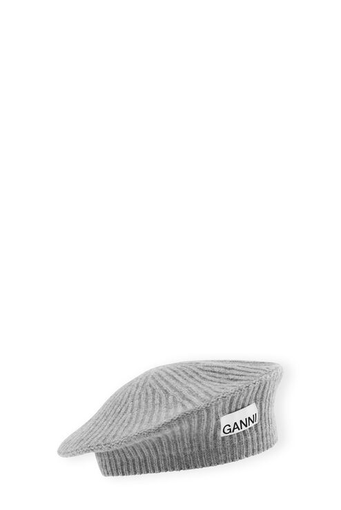 Shop Ganni Wool Rib Knit Beret In Grey