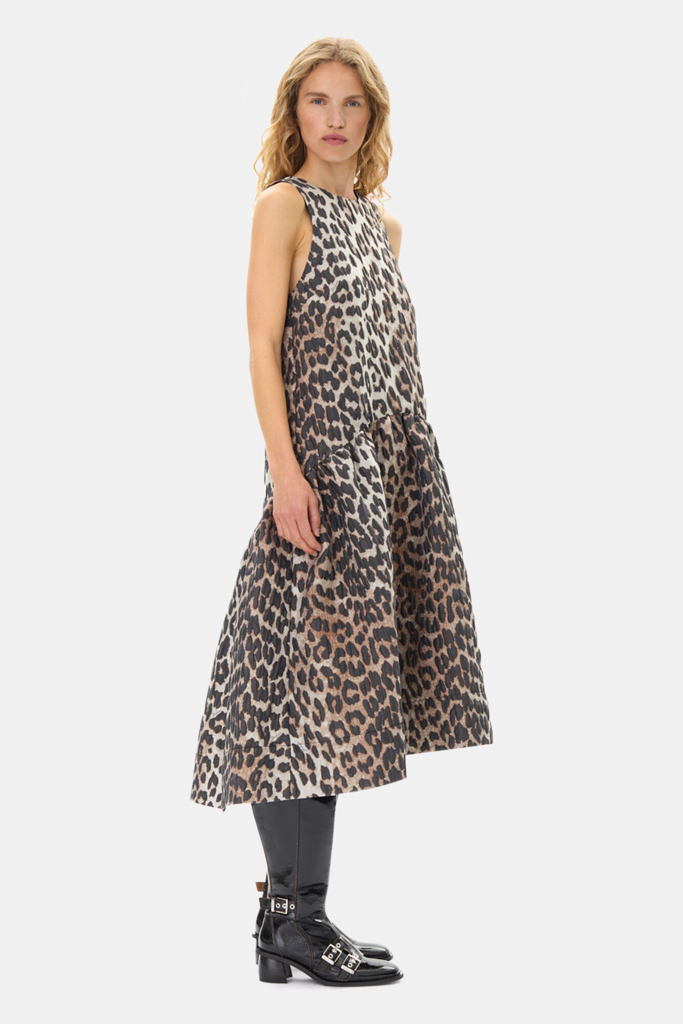 Leopard 3D Jacquard Midi Dress, Polyamide, in colour Leopard - 3 - GANNI