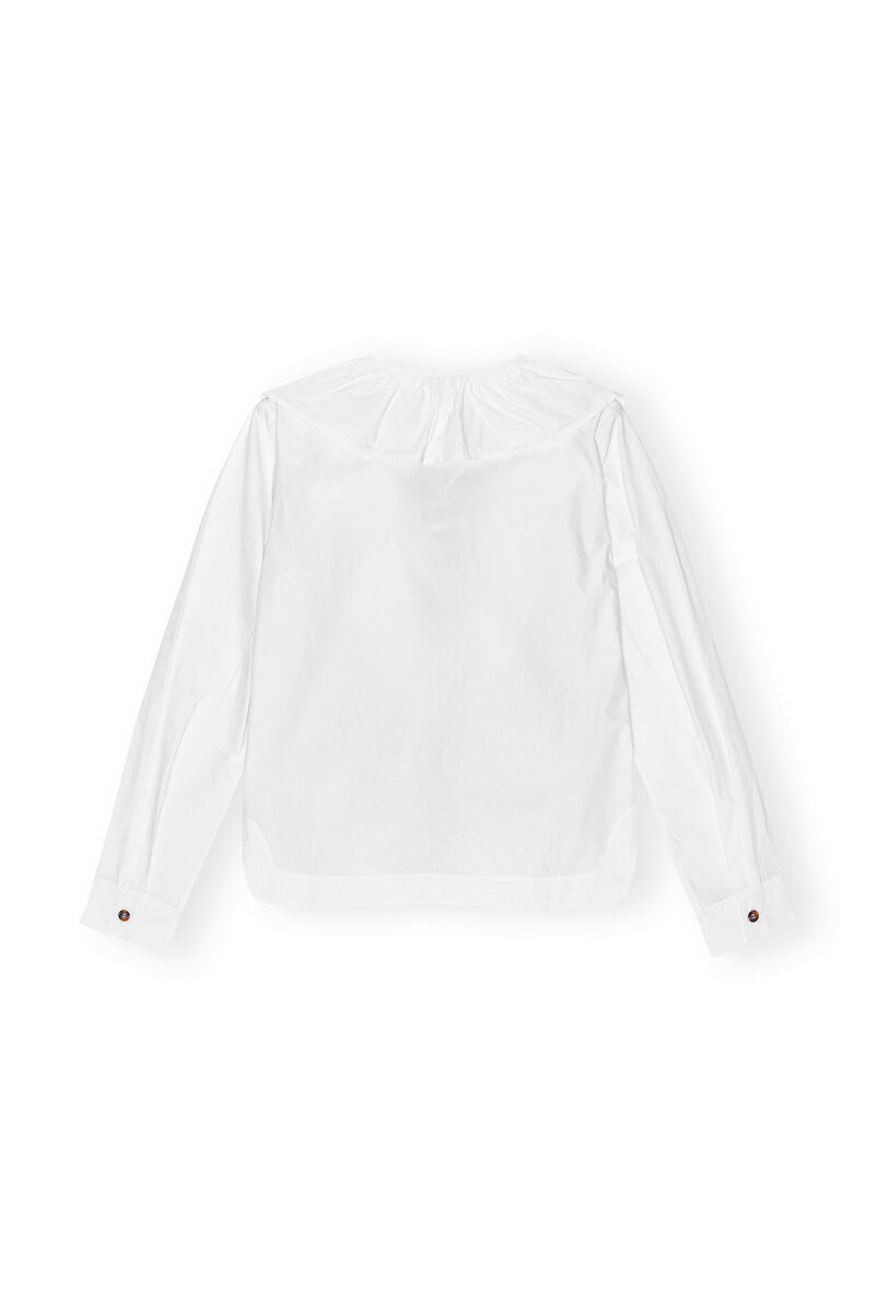 White Cotton Poplin Ruffle V-neck Blouse, Cotton, in colour Bright White - 2 - GANNI
