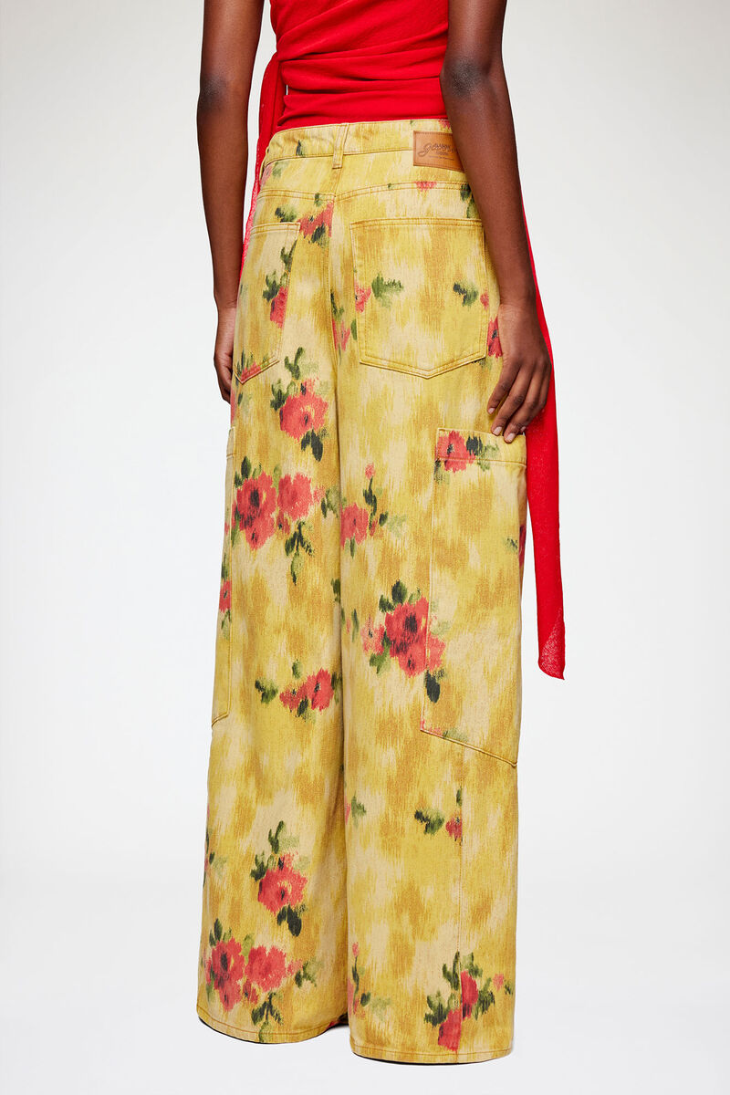 Baggy Wide Jeans in Printed Denim, Organic Cotton, in colour Vibrant Yellow - 3 - GANNI