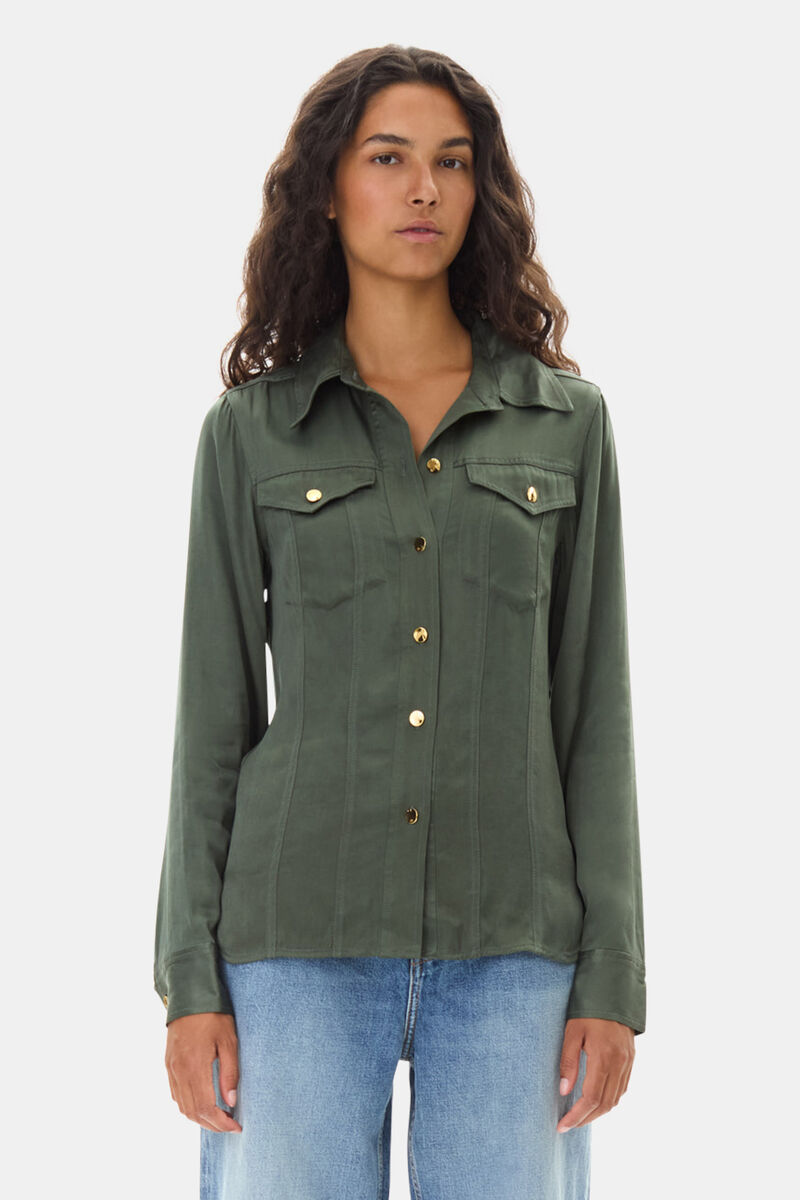 Green Washed Satin Shirt, Cupro, in colour Climbing Ivy - 2 - GANNI