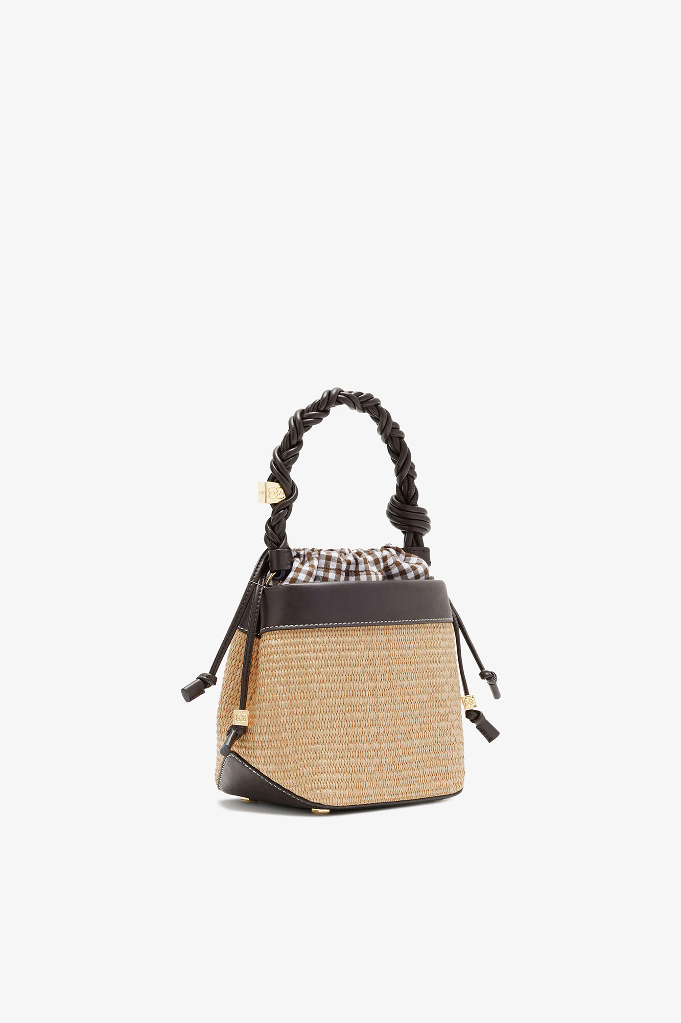 Bou Bucket Bag in Raffia, Recycled Leather, in colour Seal Brown - 2 - GANNI