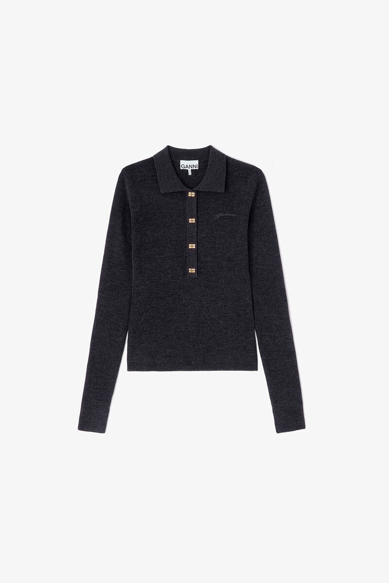 Knitted Polo Shirt, Wool, in colour Phantom - 1 - GANNI