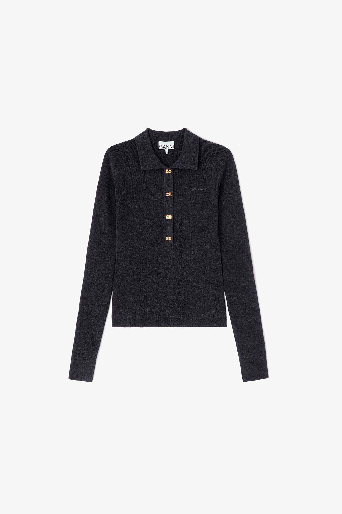 Knitted Polo Shirt, Wool, in colour Phantom - 1 - GANNI