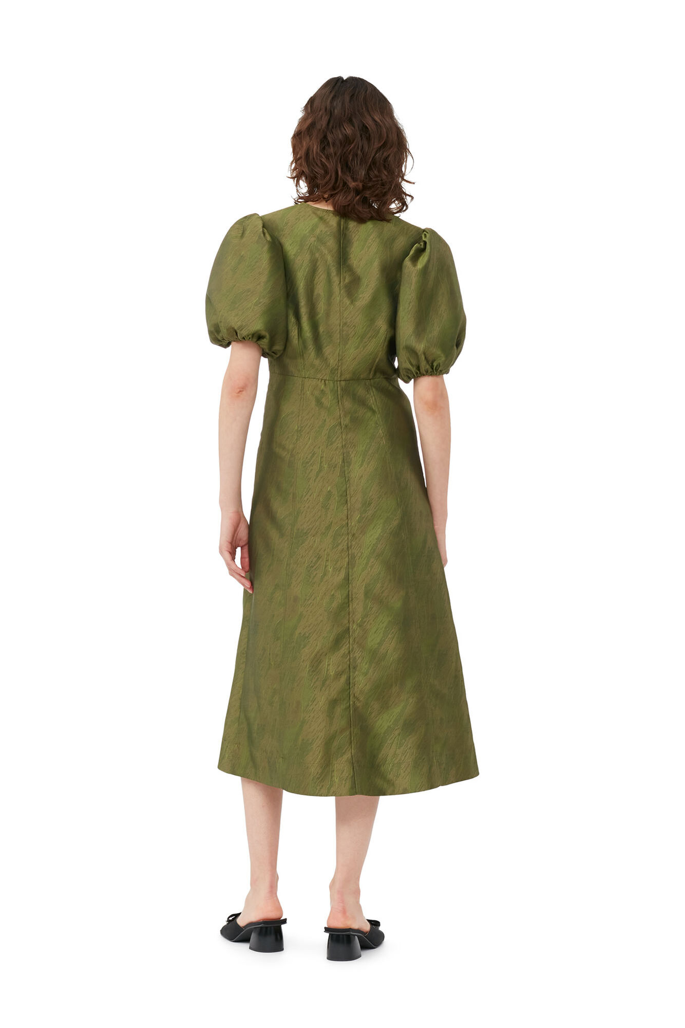 Shiny Jacquard V-neck Midi Dress, Polyester, in colour Avocado - 2 - GANNI