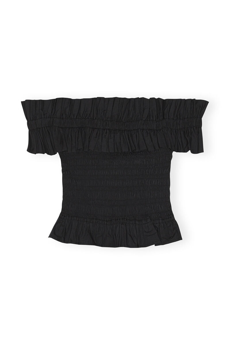Cotton Poplin Off-shoulder Smock Top, Cotton, in colour Black - 2 - GANNI