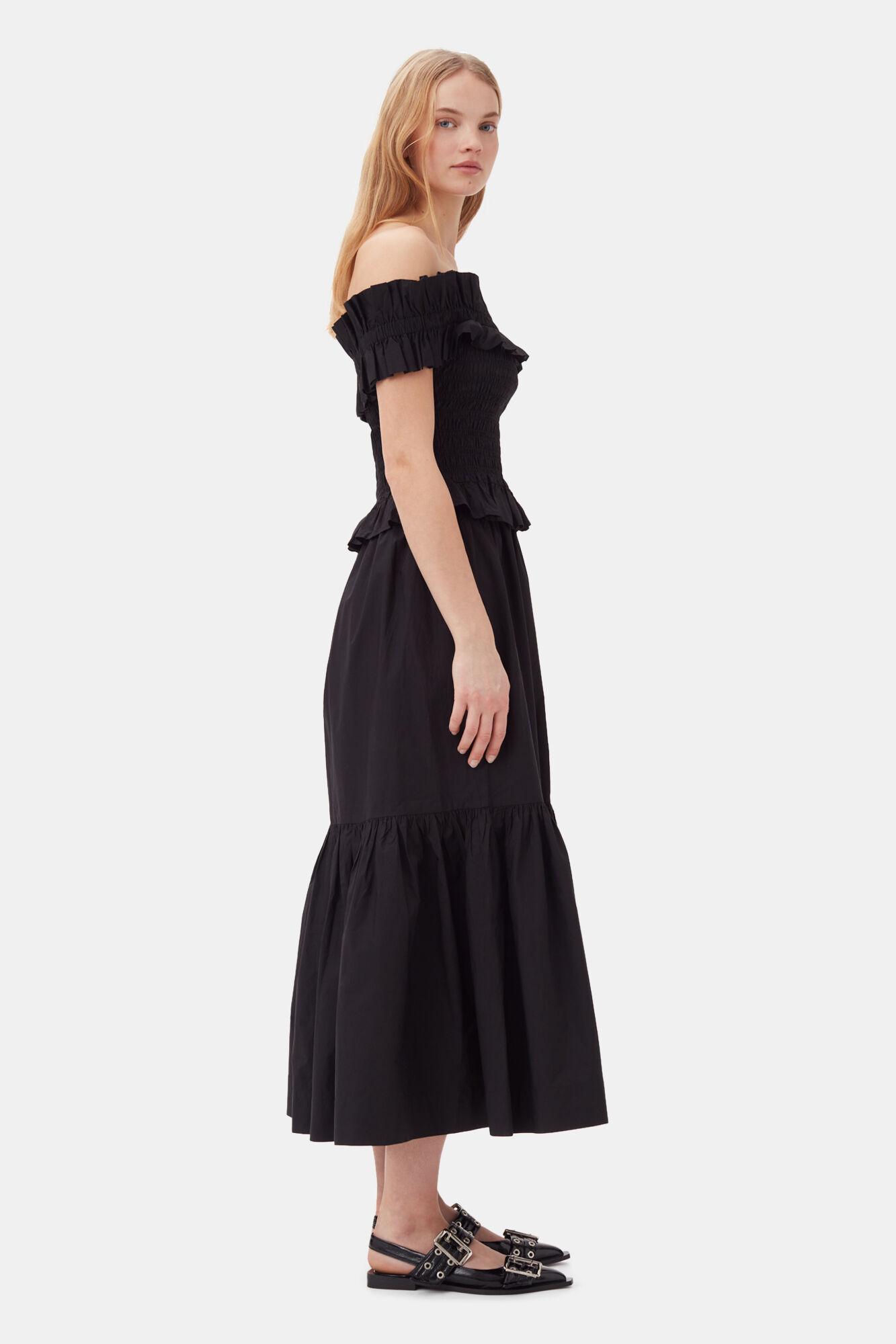 Cotton Poplin Off-Shoulder Smock Top, Cotton, in colour Black - 3 - GANNI