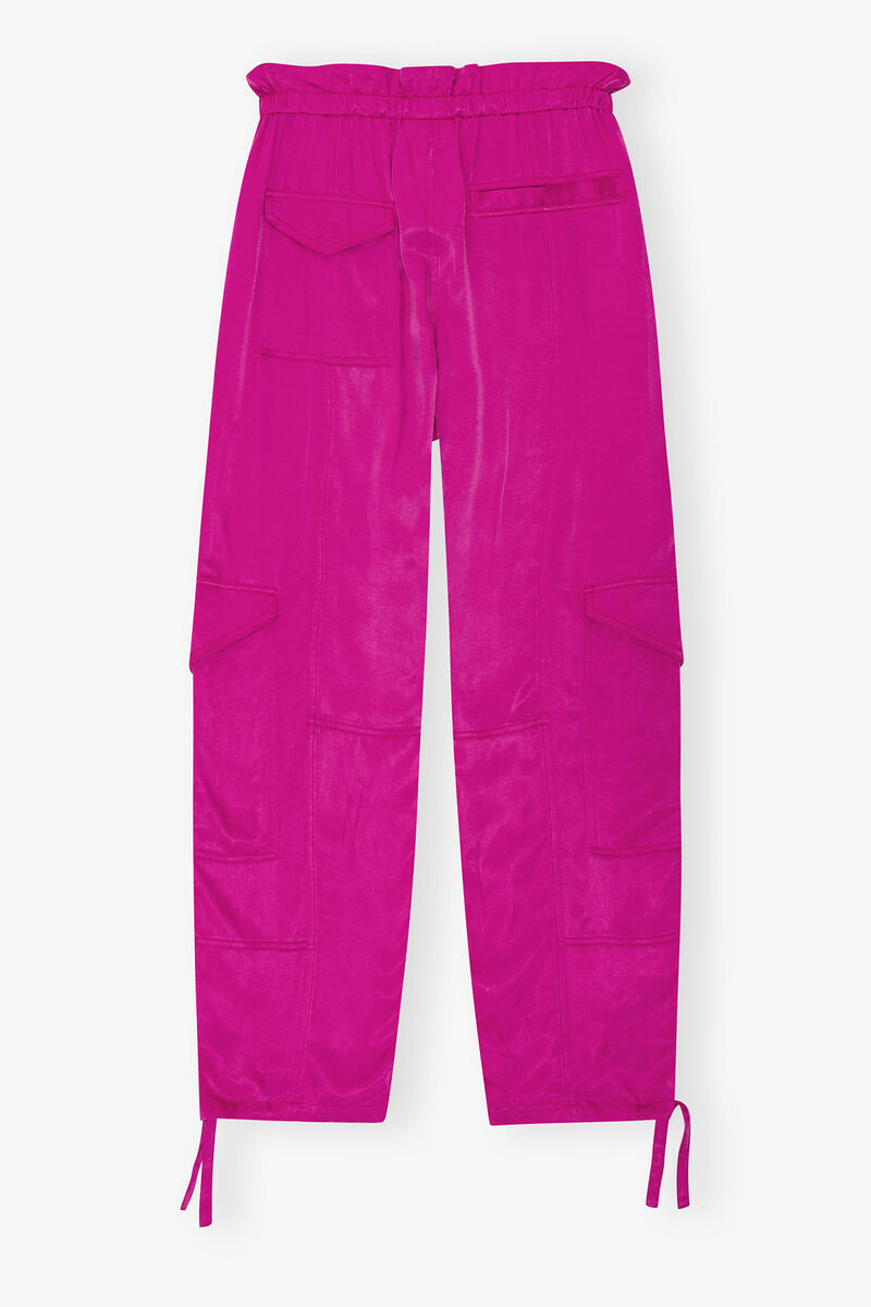 Byxor i tvättad satin med fickor, Cupro, in colour Fuchsia Red - 2 - GANNI