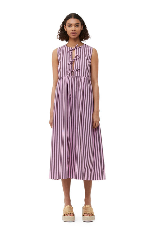 Ganni Sleeveless Striped Cotton Midi Dress In Bonbon | ModeSens