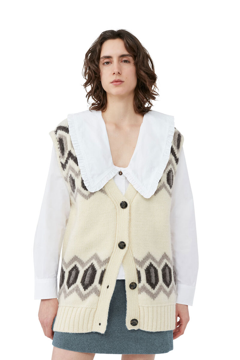White Oversized Chunky Wool Vest, Organic Wool, in colour Egret - 3 - GANNI