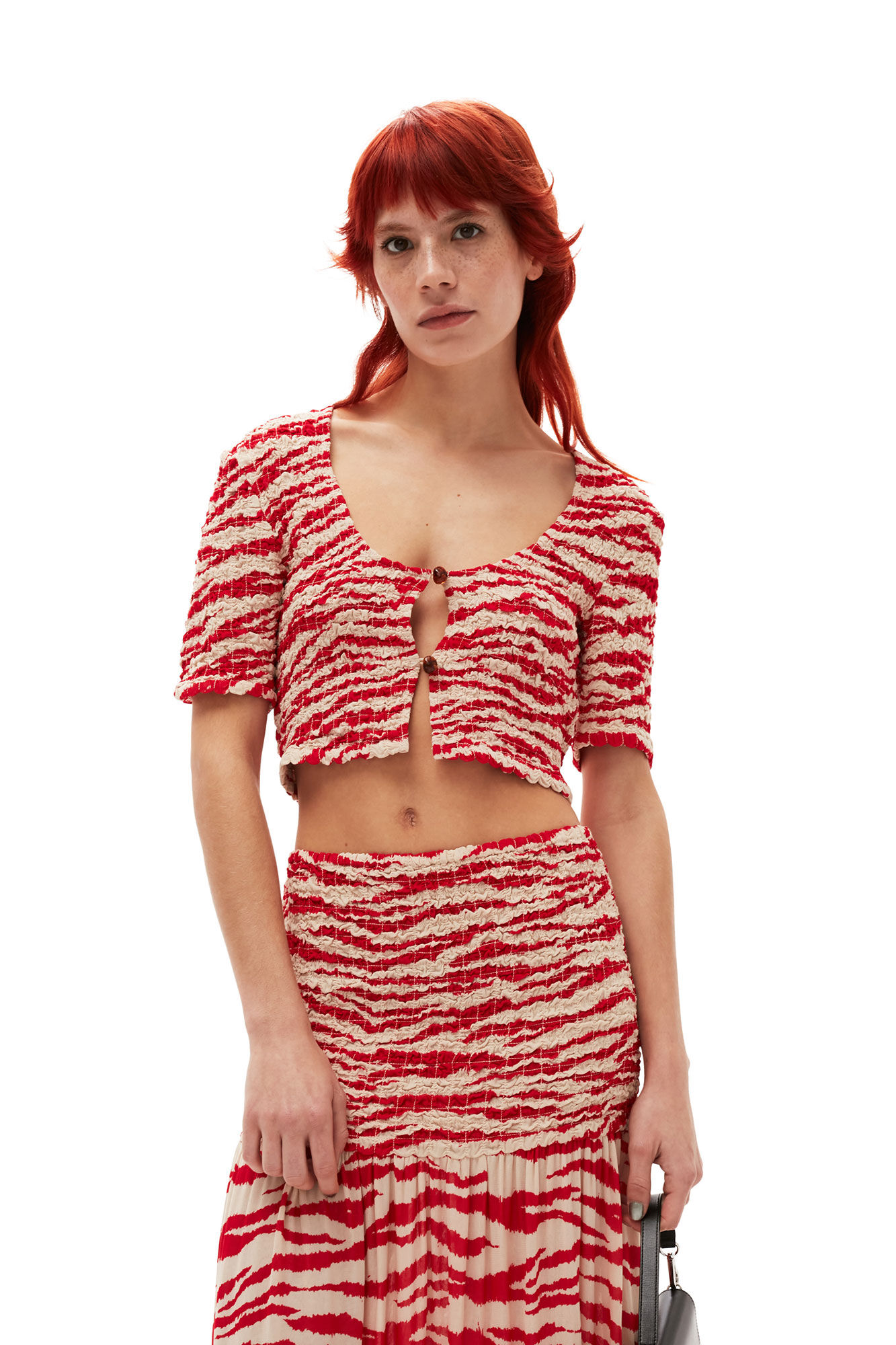 Printed Georgette Cropped Smock Blouse, Viscose, in colour Castle Wall - 1 - GANNI