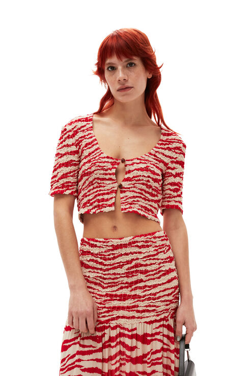 Ganni Short Sleeve Printed Georgette Cropped Smock Blouse In Castle Wall