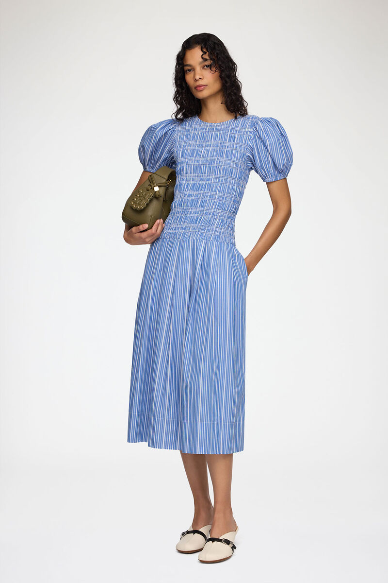 Dress in Striped Cotton, Organic Cotton, in colour Nouvean Navy - 1 - GANNI